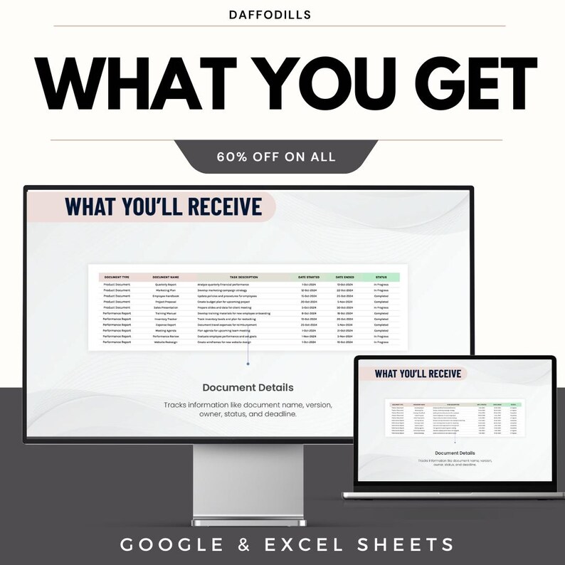 May include: A digital product advertisement with the text "WHAT YOU GET" in bold black letters. The image shows a computer monitor and a laptop displaying spreadsheets. The text "WHAT YOU'LL RECEIVE" is visible on both screens. The text "GOOGLE & EXCEL SHEETS" is at the bottom.
