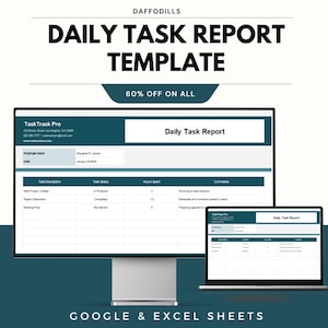 Puede incluir: Una plantilla digital para un informe diario de tareas, que se muestra en un monitor de computadora y una computadora portátil. La plantilla incluye secciones para la descripción de la tarea, el estado y las horas dedicadas. El texto "DAILY TASK REPORT TEMPLATE" es visible.