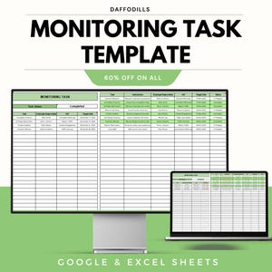 Op de afbeelding: Een digitale sjabloon voor het bewaken van taken, weergegeven op een computermonitor en een laptop. De sjabloon bevat secties voor de taakstatus, de verantwoordelijke medewerker en de streefdatums. De tekst "MONITORING TASK TEMPLATE" staat bovenaan.