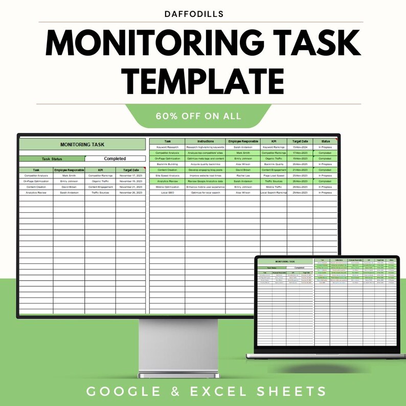 Op de afbeelding: Een digitale sjabloon voor het bewaken van taken, weergegeven op een computermonitor en een laptop. De sjabloon bevat secties voor de taakstatus, de verantwoordelijke medewerker en de streefdatums. De tekst "MONITORING TASK TEMPLATE" staat bovenaan.