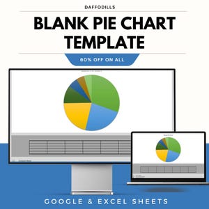 Op de afbeelding: Een computermonitor en een laptop tonen een lege taartdiagramsjabloon. Het taartdiagram is verdeeld in kleurrijke segmenten. De tekst bovenaan luidt "BLANK PIE CHART TEMPLATE" en "60% OFF ON ALL". De tekst onderaan luidt "GOOGLE & EXCEL SHEETS".