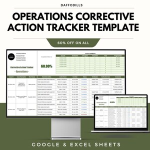 May include: A computer monitor and laptop displaying a spreadsheet titled "Operations Corrective Action Tracker Template" with the text "60% OFF ON ALL". The template is for Google & Excel Sheets.