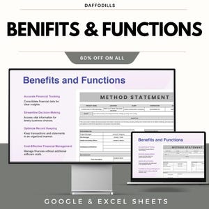 May include: A digital display and laptop screen showing a presentation titled "Benefits and Functions." The presentation highlights financial tracking, decision-making, record keeping, and cost-effective financial management. The text "GOOGLE & EXCEL SHEETS" is at the bottom.