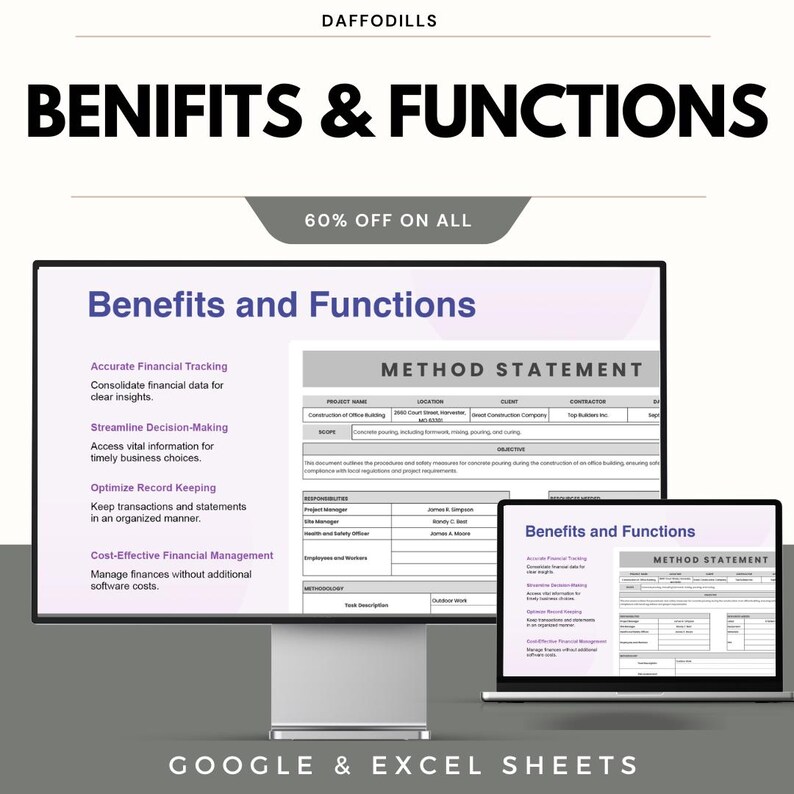 May include: A digital display and laptop screen showing a presentation titled "Benefits and Functions." The presentation highlights financial tracking, decision-making, record keeping, and cost-effective financial management. The text "GOOGLE & EXCEL SHEETS" is at the bottom.