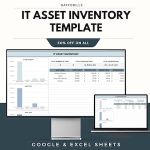 May include: A digital IT asset inventory template shown on a desktop monitor and a laptop. The template displays charts and data tables with asset details. Text includes "IT Asset Inventory Template" and "60% Off On All." The template is for Google & Excel Sheets.