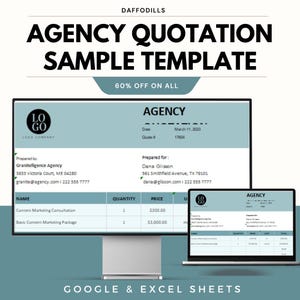 May include: A digital marketing agency quotation sample template displayed on a desktop computer and laptop. The template includes the agency's logo, contact information, and a breakdown of services with prices. The text "AGENCY QUOTATION SAMPLE TEMPLATE" is at the top.