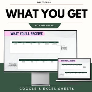K&ouml;nnte beinhalten: Werbung f&uuml;r ein digitales Produkt mit dem Text &bdquo;WHAT YOU GET&ldquo; und &bdquo;60% OFF ON ALL&ldquo;. Das Bild zeigt einen Computermonitor und einen Laptop, die Tabellenkalkulationen mit der Aufschrift &bdquo;WHAT YOU'LL RECEIVE&ldquo;, &bdquo;Project Details&ldquo; und &bdquo;Financial Summary&ldquo; anzeigen. Der Text unten lautet &bdquo;GOOGLE & EXCEL SHEETS&ldquo;.