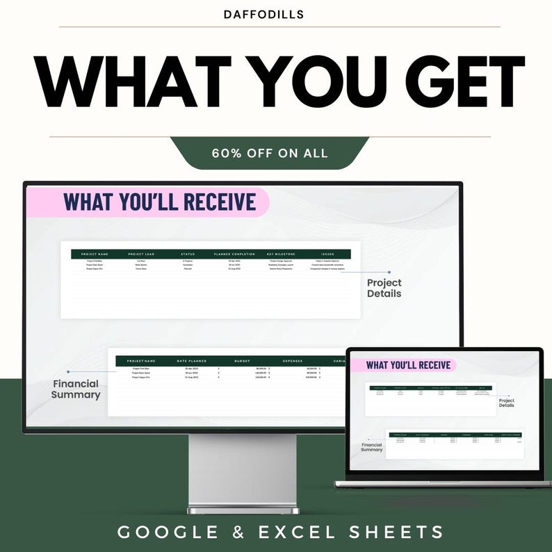 K&ouml;nnte beinhalten: Werbung f&uuml;r ein digitales Produkt mit dem Text &bdquo;WHAT YOU GET&ldquo; und &bdquo;60% OFF ON ALL&ldquo;. Das Bild zeigt einen Computermonitor und einen Laptop, die Tabellenkalkulationen mit der Aufschrift &bdquo;WHAT YOU'LL RECEIVE&ldquo;, &bdquo;Project Details&ldquo; und &bdquo;Financial Summary&ldquo; anzeigen. Der Text unten lautet &bdquo;GOOGLE & EXCEL SHEETS&ldquo;.
