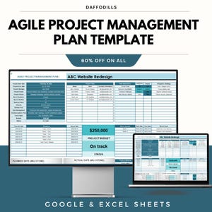 May include: A digital project management plan template displayed on a computer monitor and laptop. The template includes sections for project details, budget, and status, with the text "Agile Project Management Plan Template" and "60% Off On All".