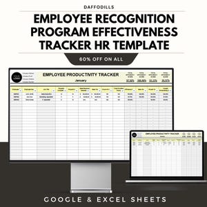 May include: A digital HR template titled "Employee Recognition Program Effectiveness Tracker" with a 60% off promotion. The template is displayed on a computer monitor and a laptop, showcasing a spreadsheet layout for employee productivity tracking.