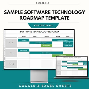 Puede incluir: Un monitor de computadora y una computadora portátil que muestran una plantilla de hoja de ruta de tecnología de software. La plantilla incluye secciones para el desarrollo de sitios web y móviles, con una promoción del 60% de descuento. El texto dice "GOOGLE & EXCEL SHEETS."