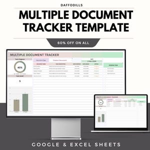 May include: A computer monitor and laptop display a document tracker template. The text "MULTIPLE DOCUMENT TRACKER TEMPLATE" is at the top, with "60% OFF ON ALL" below it. The bottom of the image reads "GOOGLE & EXCEL SHEETS".