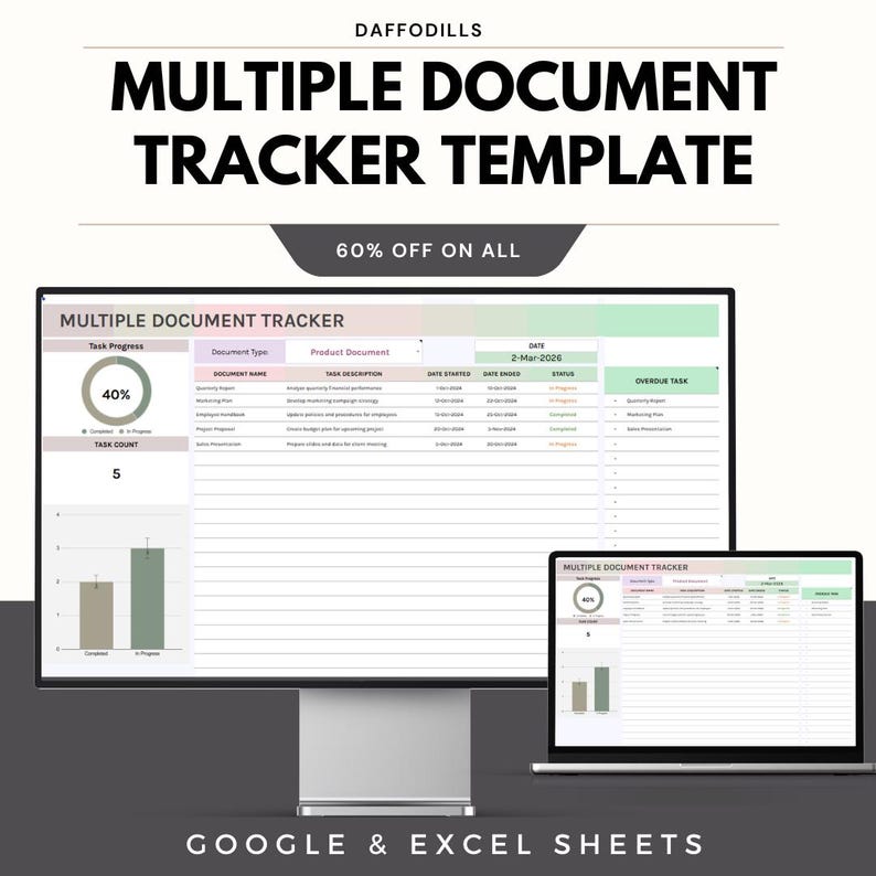 May include: A computer monitor and laptop display a document tracker template. The text "MULTIPLE DOCUMENT TRACKER TEMPLATE" is at the top, with "60% OFF ON ALL" below it. The bottom of the image reads "GOOGLE & EXCEL SHEETS".