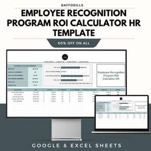 May include: A computer monitor and laptop display a spreadsheet titled "Employee Recognition Program ROI Calculator HR Template." The image includes the text "60% OFF ON ALL" and "GOOGLE & EXCEL SHEETS."