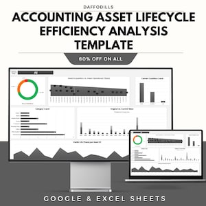 May include: A computer monitor and laptop display an accounting asset lifecycle efficiency analysis template. The template includes charts and graphs with data visualizations. The text on the image reads "ACCOUNTING ASSET LIFECYCLE EFFICIENCY ANALYSIS TEMPLATE" and "60% OFF ON ALL".
