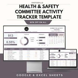 Puede incluir: Una plantilla digital para un rastreador de actividades del comité de salud y seguridad, que se muestra en un monitor de computadora y una computadora portátil. La plantilla incluye secciones para el seguimiento de actividades, el estado, los niveles de prioridad y un calendario de enero de 2024. El texto incluye "Health & Safety Committee Activity Tracker Template".