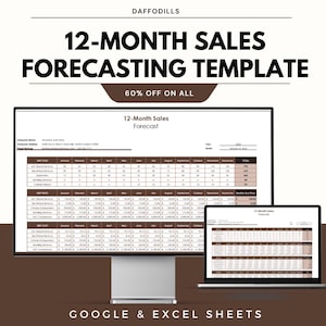 May include: A computer monitor and laptop showing a 12-Month Sales Forecasting Template. The template includes data tables and the text "60% OFF ON ALL" and "GOOGLE & EXCEL SHEETS". The image is from Daffodils.