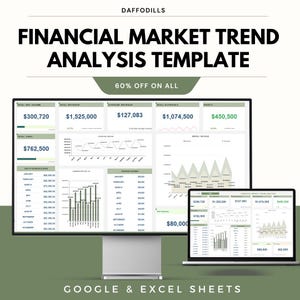 Könnte beinhalten: Eine digitale Vorlage zur Analyse von Finanzmarkttrends, die auf einem Desktop-Monitor und einem Laptop angezeigt wird. Die Vorlage enthält Diagramme, Grafiken und Finanzdaten. Der Text auf dem Bild lautet "FINANCIAL MARKET TREND ANALYSIS TEMPLATE" und "60% OFF ON ALL".