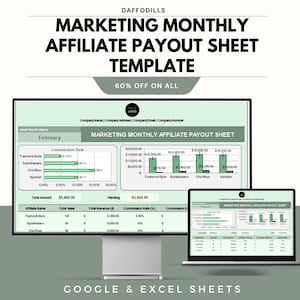 May include: A digital marketing template on a computer monitor and laptop. The template is titled "MARKETING MONTHLY AFFILIATE PAYOUT SHEET TEMPLATE" and includes charts and financial data. The text "60% OFF ON ALL" is also visible.
