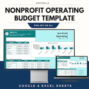 Könnte beinhalten: Eine digitale Vorlage für einen gemeinnützigen Betriebsbudget, angezeigt auf einem Desktop-Monitor und einem Laptop. Die Vorlage enthält Diagramme und Tabellen mit Finanzdaten. Der Text lautet "NONPROFIT OPERATING BUDGET TEMPLATE" und "60% OFF ON ALL".