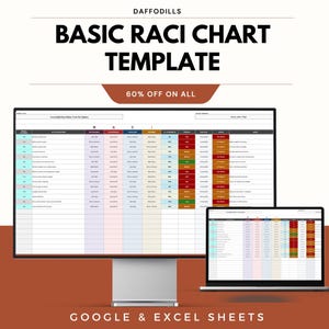 May include: A computer monitor and laptop display a "BASIC RACI CHART TEMPLATE" with a brown banner stating "60% OFF ON ALL". The template is for Google & Excel Sheets. The Daffodils logo is at the top.