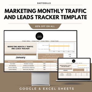 May include: A digital marketing template displayed on a computer monitor and laptop. The template is titled "Marketing Monthly Traffic and Leads Tracker" and includes data tables and charts. The text "60% OFF ON ALL" is also visible.
