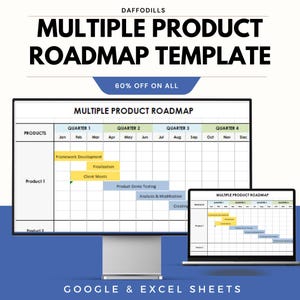 Könnte beinhalten: Eine digitale Produkt-Roadmap-Vorlage, die auf einem Computermonitor und einem Laptop angezeigt wird. Die Vorlage trägt den Titel "MULTIPLE PRODUCT ROADMAP" und enthält eine Zeitleiste mit Quartals- und Monatsaufschlüsselungen. Das Bild zeigt auch den Text "60% OFF ON ALL" und "GOOGLE & EXCEL SHEETS".