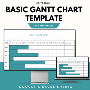 May include: A digital display shows a "Basic Gantt Chart Template" with a teal and white color scheme. The text "60% OFF ON ALL" is displayed above the chart. The words "GOOGLE & EXCEL SHEETS" are at the bottom.