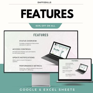 K&ouml;nnte beinhalten: Werbebild f&uuml;r Daffodils mit dem Wort &bdquo;FEATURES&ldquo; in fetter Schrift. Das Bild zeigt einen Monitor und zwei Laptops, die Funktionen wie Status&uuml;bersicht, Zugriffskontrollen, Aktualisierungsbenachrichtigungen und Leistungskennzahlen anzeigen. Der Text &bdquo;60% OFF ON ALL&ldquo; ist ebenfalls vorhanden.