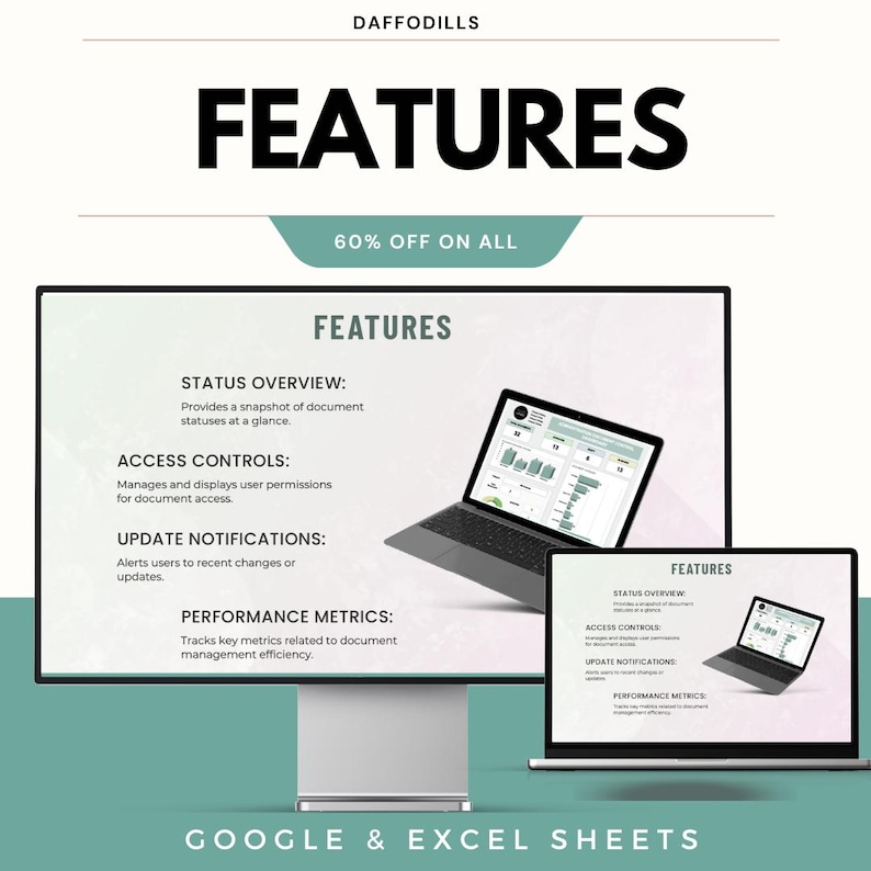 K&ouml;nnte beinhalten: Werbebild f&uuml;r Daffodils mit dem Wort &bdquo;FEATURES&ldquo; in fetter Schrift. Das Bild zeigt einen Monitor und zwei Laptops, die Funktionen wie Status&uuml;bersicht, Zugriffskontrollen, Aktualisierungsbenachrichtigungen und Leistungskennzahlen anzeigen. Der Text &bdquo;60% OFF ON ALL&ldquo; ist ebenfalls vorhanden.