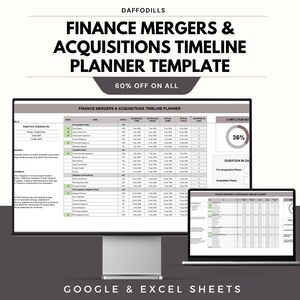 May include: A computer monitor and laptop show a finance mergers and acquisitions timeline planner template. The screen displays task status, scheduled start, actual finish, and duration in days. The template is for Google & Excel Sheets.