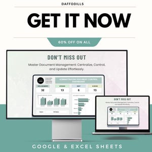 K&ouml;nnte beinhalten: Werbebild mit einem Desktop-Computer und einem Laptop, die ein Dokumentenmanagement-Dashboard anzeigen. Der Text "GET IT NOW" ist prominent, darunter "60% OFF ON ALL". Das Bild enth&auml;lt auch den Text "DON'T MISS OUT" und "GOOGLE & EXCEL SHEETS".