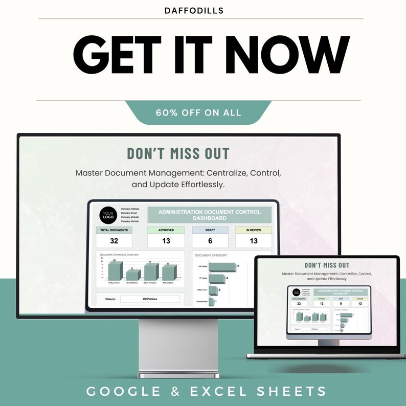 K&ouml;nnte beinhalten: Werbebild mit einem Desktop-Computer und einem Laptop, die ein Dokumentenmanagement-Dashboard anzeigen. Der Text "GET IT NOW" ist prominent, darunter "60% OFF ON ALL". Das Bild enth&auml;lt auch den Text "DON'T MISS OUT" und "GOOGLE & EXCEL SHEETS".