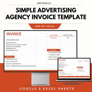 May include: A digital invoice template for advertising agencies, displayed on a computer monitor and a laptop. The invoice template includes fields for company information, client details, and invoice details. The text "SIMPLE ADVERTISING AGENCY INVOICE TEMPLATE" is displayed at the top.