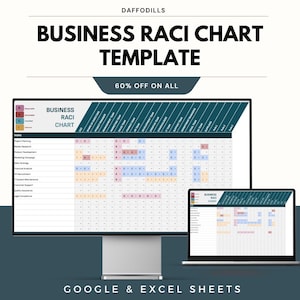May include: A digital business RACI chart template displayed on a computer monitor and laptop. The chart is a grid with colour-coded cells and the text "BUSINESS RACI CHART TEMPLATE". The image also includes the text "GOOGLE & EXCEL SHEETS".