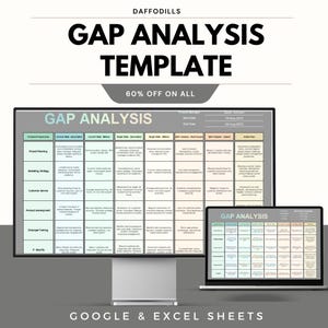 Pode incluir: Um modelo digital de "GAP ANALYSIS", exibido em um monitor de computador e laptop. O modelo de planilha tem várias categorias e campos de dados. A imagem também inclui o texto "60% OFF ON ALL" e "GOOGLE & EXCEL SHEETS".