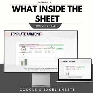 May include: A promotional image for Daffodils, featuring a computer monitor and laptop displaying spreadsheet templates. The text reads "WHAT INSIDE THE SHEET" with "60% OFF ON ALL". The templates are for Google & Excel Sheets.