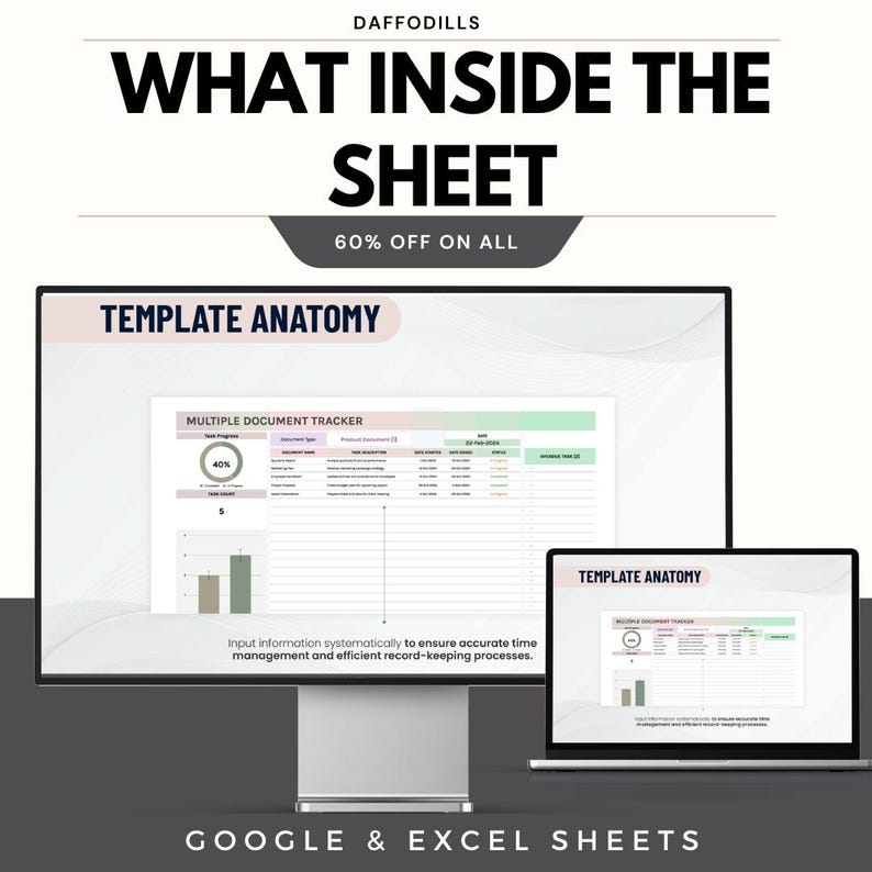 May include: A promotional image for Daffodils, featuring a computer monitor and laptop displaying spreadsheet templates. The text reads "WHAT INSIDE THE SHEET" with "60% OFF ON ALL". The templates are for Google & Excel Sheets.