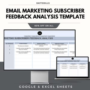 Könnte beinhalten: Eine digitale Vorlage zur Analyse des Feedbacks von E-Mail-Marketing-Abonnenten. Das Bild zeigt einen Desktop-Monitor und einen Laptop, auf denen die Vorlage angezeigt wird. Die Vorlage enthält Abschnitte für positives und negatives Feedback und Vorschläge. Der Text lautet "EMAIL MARKETING SUBSCRIBER FEEDBACK ANALYSIS TEMPLATE".