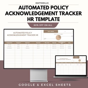以下が含まれることがあります： コンピューターモニターとラップトップには、「Automated Policy Acknowledgement Tracker HR」というタイトルのスプレッドシートテンプレートが表示されています。テンプレートには、従業員情報とポリシーの詳細を入力するフィールドが含まれています。画像には「60% OFF ON ALL」と「GOOGLE & EXCEL SHEETS」というテキストも含まれています。