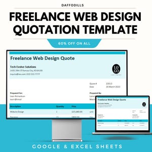 Può includere: Immagine digitale che mostra un modello di preventivo per la progettazione web freelance. Il design presenta una combinazione di colori turchese e bianco, con il testo "Freelance Web Design Quotation Template". L'immagine include un monitor di computer e un laptop che mostra il preventivo.