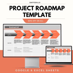 May include: A computer monitor and laptop displaying a project roadmap template. The template is orange and gray, with the text "Project Roadmap Template" and "60% Off On All". The template is for Google & Excel Sheets.