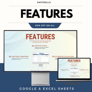 Op de afbeelding: Advertentie voor een digitaal product met het woord "FEATURES" in grote letters. De afbeelding toont een computermonitor en een laptop met een sjabloon voor Google & Excel Sheets. De tekst bevat "60% OFF ON ALL" en details over de functies van de sjabloon.