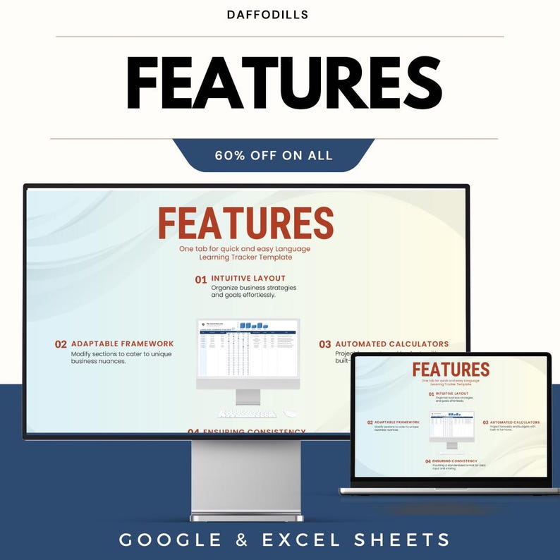 Op de afbeelding: Advertentie voor een digitaal product met het woord "FEATURES" in grote letters. De afbeelding toont een computermonitor en een laptop met een sjabloon voor Google & Excel Sheets. De tekst bevat "60% OFF ON ALL" en details over de functies van de sjabloon.