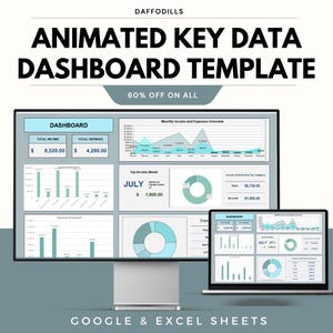 以下が含まれることがあります： コンピューターモニターとラップトップに表示されるデジタルダッシュボードテンプレート。テンプレートには、グラフ、グラフ、財務データの視覚化が含まれています。テキストは「ANIMATED KEY DATA DASHBOARD TEMPLATE」と「60% OFF ON ALL」と表示されています。下のテキストは「GOOGLE & EXCEL SHEETS」と表示されています。