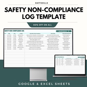 Op de afbeelding: Een digitale sjabloon voor een Veiligheid Non-Compliance Log, weergegeven op een computermonitor en een laptop. De sjabloon bevat secties voor datum, tijd, locatie, beschrijving van non-compliance, actie ondernomen en verantwoordelijke afdeling. De tekst "60% OFF ON ALL" is ook zichtbaar.