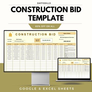 Peut inclure: Un écran d'ordinateur et un ordinateur portable affichant un modèle de devis de construction. Le modèle comprend des sections pour le nom du projet, le nom de l'entreprise, les coordonnées et le montant de l'offre. Le texte sur l'image indique "CONSTRUCTION BID TEMPLATE" et "60% OFF ON ALL".