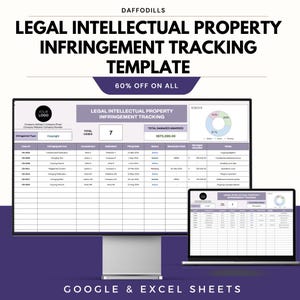 May include: A digital template for legal intellectual property infringement tracking, displayed on a computer monitor and laptop. The template includes sections for case details, damages, and status, with the text "LEGAL INTELLECTUAL PROPERTY INFRINGEMENT TRACKING TEMPLATE".