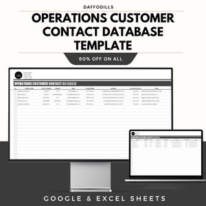 May include: A digital template for an Operations Customer Contact Database, displayed on a desktop monitor and a laptop. The template is white with black text and includes the text "60% OFF ON ALL" and "GOOGLE & EXCEL SHEETS".