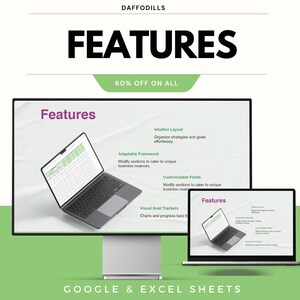 Op de afbeelding: Een promotionele afbeelding voor Google & Excel Sheets met het woord 'FEATURES' in vette zwarte letters. Twee laptops tonen een spreadsheet-interface, met tekst die functies zoals 'Intuitive Layout' en 'Adaptable Framework' benadrukt. Een groen banner zegt '60% KORTING OP ALLES'.
